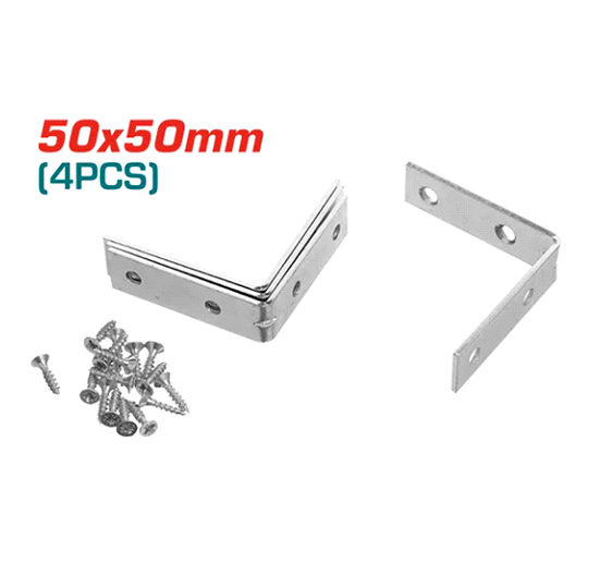 ESCUADRAS DE ESQUINA DE 90º GALVANIZADAS 50 X 50MM (4 PZS). INCLUYE SUJETADORES DE 16 PIEZAS