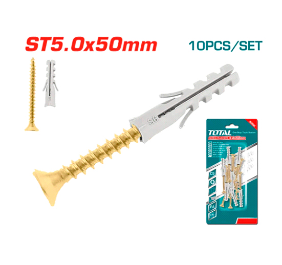 10 PZA/ JUEGO TORNILLOS T5.0X50MM Y TACO 8X40 MM CAB CONICA ESTRELLA POZIDRIVE . GALVANIZADO