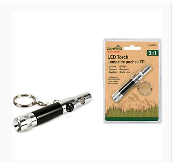 ANTORCHA LED 3 EN 1 PARA ACAMPAR CON SILBATO, BRÚJULA Y LLAVERO