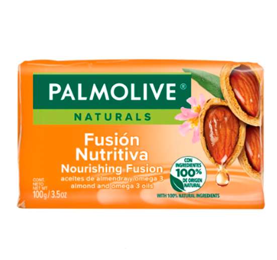 JABÓN DE ASEO CORPORAL EN BARRA PALMOLIVE 100 GR FUSIÓN NUTRITIVA ALMENDRA Y OMEGA 3