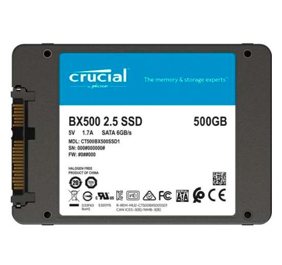 DISCO DE ESTADO SÓLIDO SSD CRUCIAL BX500 DE 500GB, 2.5", 3D NAND SATA 6.0GB/S